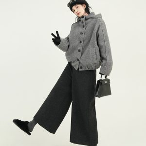High-Waisted Gray Woolen Wide-Leg Cropped Pants for Women - Loose Slimming Casual Style for Autumn Winter, Korean Fashion
