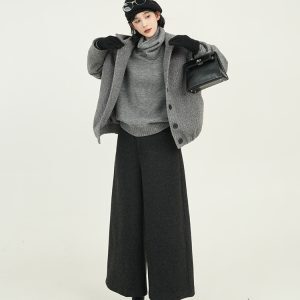 High-Waisted Gray Woolen Wide-Leg Cropped Pants for Women - Loose Slimming Casual Style for Autumn Winter, Korean Fashion
