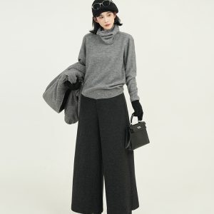 High-Waisted Gray Woolen Wide-Leg Cropped Pants for Women - Loose Slimming Casual Style for Autumn Winter, Korean Fashion