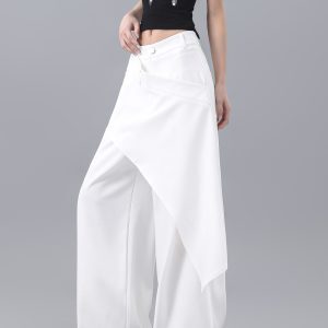High-Waisted Irregular Spliced Suit Pants for Women - White Straight-Leg Floor-Length Trousers, Summer Fashion, Chic Style