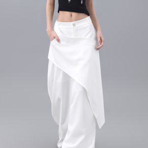 High-Waisted Irregular Spliced Suit Pants for Women - White Straight-Leg Floor-Length Trousers, Summer Fashion, Chic Style