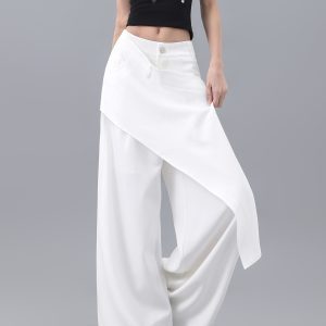 High-Waisted Irregular Spliced Suit Pants for Women - White Straight-Leg Floor-Length Trousers, Summer Fashion, Chic Style