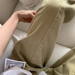 High-Waisted Khaki Spliced Wide-Leg Curved Blade Jeans for Women - Summer American Retro Loose Fit Pants