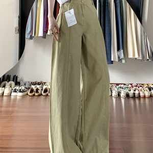 High-Waisted Khaki Spliced Wide-Leg Curved Blade Jeans for Women - Summer American Retro Loose Fit Pants