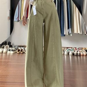 High-Waisted Khaki Spliced Wide-Leg Curved Blade Jeans for Women - Summer American Retro Loose Fit Pants