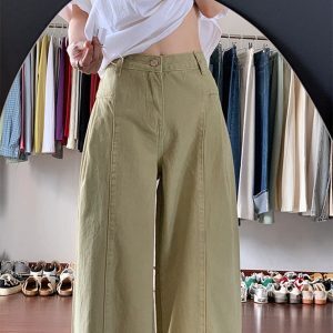 High-Waisted Khaki Spliced Wide-Leg Curved Blade Jeans for Women - Summer American Retro Loose Fit Pants