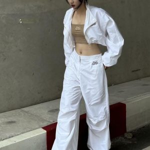 High-Waisted Long Sleeve Zipper Top & Embroidered Loose Pants Set - Casual Autumn Fashion for Women