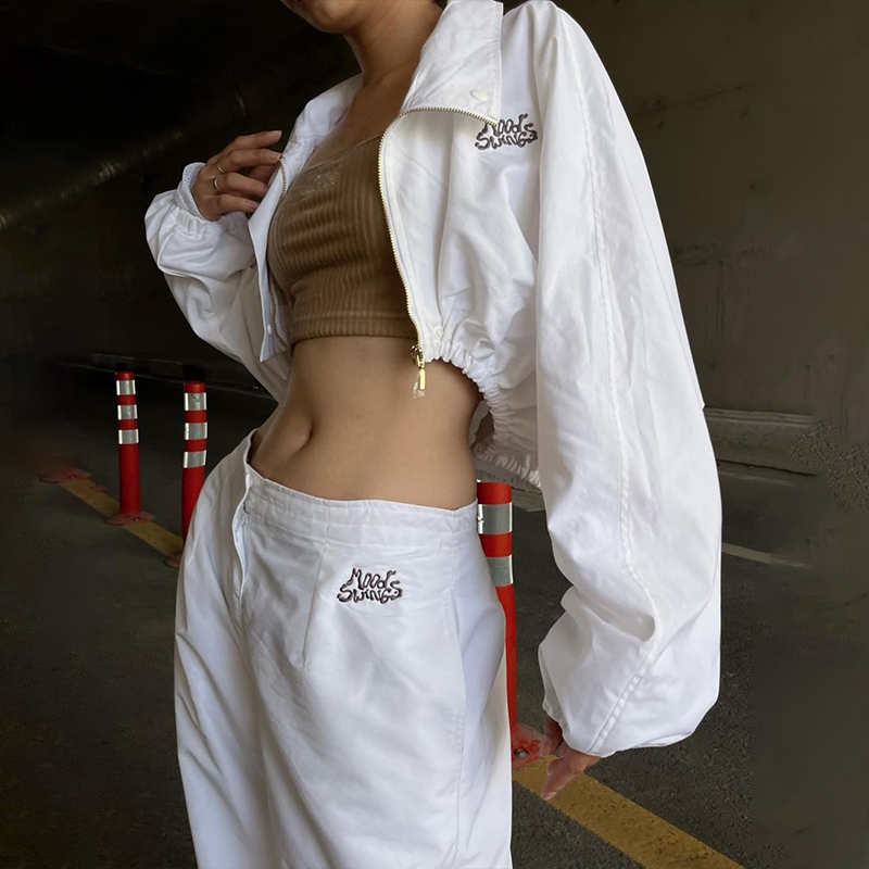 High-Waisted Long Sleeve Zipper Top & Embroidered Loose Pants Set - Casual Autumn Fashion for Women