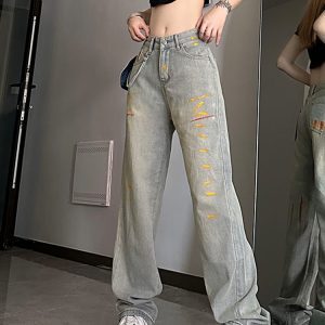 High-Waisted Loose-Fitting Denim Pants for Women, Trendy Ink-Splash Design, Straight-Leg Wide-Leg Casual Trousers