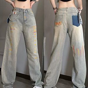 High-Waisted Loose-Fitting Denim Pants for Women, Trendy Ink-Splash Design, Straight-Leg Wide-Leg Casual Trousers