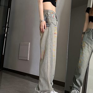 High-Waisted Loose-Fitting Denim Pants for Women, Trendy Ink-Splash Design, Straight-Leg Wide-Leg Casual Trousers