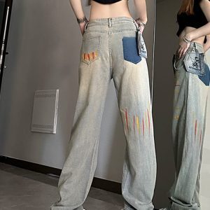 High-Waisted Loose-Fitting Denim Pants for Women, Trendy Ink-Splash Design, Straight-Leg Wide-Leg Casual Trousers