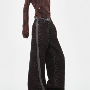 High-Waisted Loose Jeans, American Vintage Leopard Print, Spliced Design, Straight Wide-Leg, Early Autumn Fashion, 90s Inspired Style