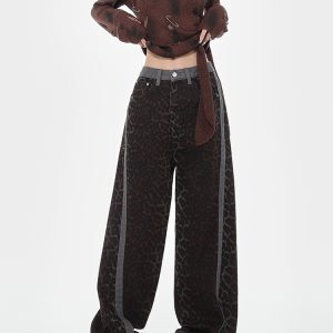 High-Waisted Loose Jeans, American Vintage Leopard Print, Spliced Design, Straight Wide-Leg, Early Autumn Fashion, 90s Inspired Style