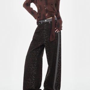 High-Waisted Loose Jeans, American Vintage Leopard Print, Spliced Design, Straight Wide-Leg, Early Autumn Fashion, 90s Inspired Style