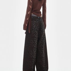 High-Waisted Loose Jeans, American Vintage Leopard Print, Spliced Design, Straight Wide-Leg, Early Autumn Fashion, 90s Inspired Style