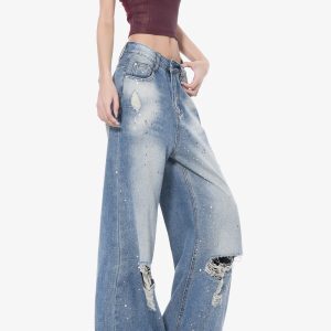 High-Waisted Loose Ripped Jeans for Women - American Style Summer Wide-Leg Pants, Draped Floor-Length Fashion