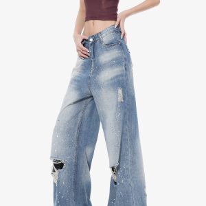 High-Waisted Loose Ripped Jeans for Women - American Style Summer Wide-Leg Pants, Draped Floor-Length Fashion