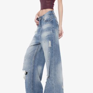 High-Waisted Loose Ripped Jeans for Women - American Style Summer Wide-Leg Pants, Draped Floor-Length Fashion