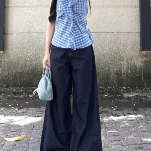 High-Waisted Loose Wide-Leg Deep Blue Tencel Jeans for Women - Retro American Style Summer Pants