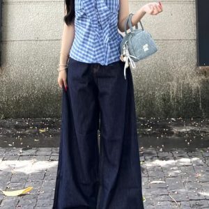 High-Waisted Loose Wide-Leg Deep Blue Tencel Jeans for Women - Retro American Style Summer Pants