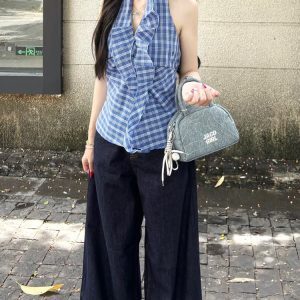 High-Waisted Loose Wide-Leg Deep Blue Tencel Jeans for Women - Retro American Style Summer Pants