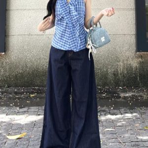 High-Waisted Loose Wide-Leg Deep Blue Tencel Jeans for Women - Retro American Style Summer Pants