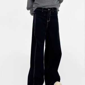 High-Waisted Loose Wide-Leg Denim Pants for Men - American Style Solid Color Versatile Korean Fashion Floor-Length Trousers