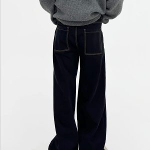 High-Waisted Loose Wide-Leg Denim Pants for Men - American Style Solid Color Versatile Korean Fashion Floor-Length Trousers