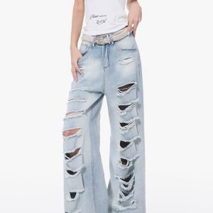 High-Waisted Loose Wide-Leg Ripped Denim Jeans for Women - American Street Style Summer Fashion