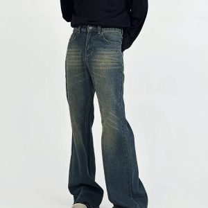 High-Waisted Micro-Flare Jeans for Men - American Retro Slimming Casual Long Pants with Frayed Hem and Whisker Detail