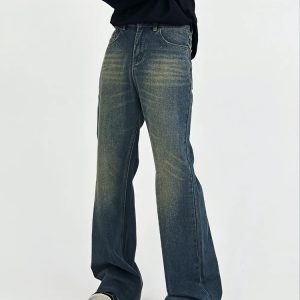 High-Waisted Micro-Flare Jeans for Men - American Retro Slimming Casual Long Pants with Frayed Hem and Whisker Detail