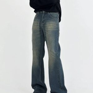 High-Waisted Micro-Flare Jeans for Men - American Retro Slimming Casual Long Pants with Frayed Hem and Whisker Detail