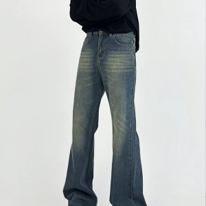 High-Waisted Micro-Flare Jeans for Men - American Retro Slimming Casual Long Pants with Frayed Hem and Whisker Detail
