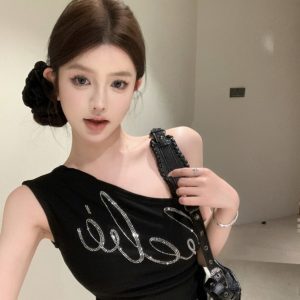 High-Waisted One-Shoulder Crop Top - Sexy Sleeveless Jazz Dance Camisole in Spicy Girl Group Style