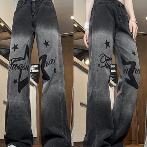 High-Waisted Printed Wide-Leg Jeans for Women - Casual Slim-Fit American High Street Style 2025 Fashion Trend
