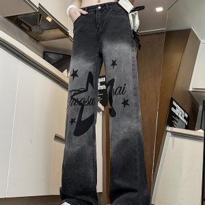 High-Waisted Printed Wide-Leg Jeans for Women - Casual Slim-Fit American High Street Style 2025 Fashion Trend