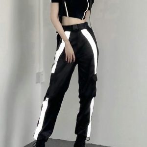 High-Waisted Reflective Cargo Pants for Women - Hip-Hop Street Style Functional Casual Pants for Jazz Dancing and Streetwear