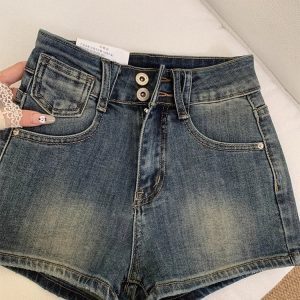 High-Waisted Retro Blue Double-Button Denim Shorts for Women, Slim-Fit Stretchy A-Line Summer Hot Pants
