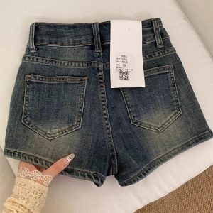 High-Waisted Retro Blue Double-Button Denim Shorts for Women, Slim-Fit Stretchy A-Line Summer Hot Pants