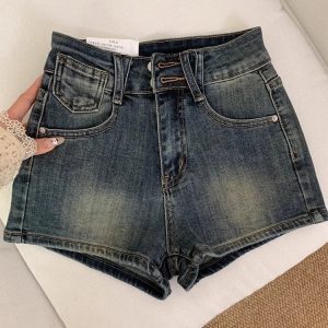 High-Waisted Retro Blue Double-Button Denim Shorts for Women, Slim-Fit Stretchy A-Line Summer Hot Pants
