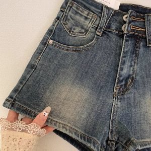High-Waisted Retro Blue Double-Button Denim Shorts for Women, Slim-Fit Stretchy A-Line Summer Hot Pants