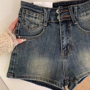 High-Waisted Retro Blue Double-Button Denim Shorts for Women, Slim-Fit Stretchy A-Line Summer Hot Pants