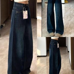 High-Waisted Retro Deep Blue Wide-Leg Jeans for Women, Loose Slimming Summer Pants, Floor-Length Straight-Leg Style