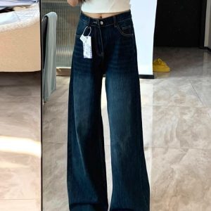 High-Waisted Retro Deep Blue Wide-Leg Jeans for Women, Loose Slimming Summer Pants, Floor-Length Straight-Leg Style