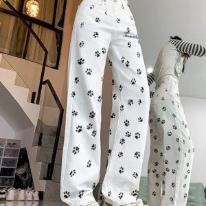 High-Waisted Retro Printed Women's Jeans, Casual Loose Fit Straight Wide-Leg Floor-Length Pants - Trendy High Street Style