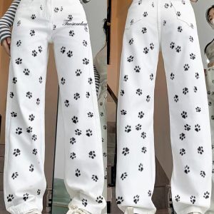 High-Waisted Retro Printed Women's Jeans, Casual Loose Fit Straight Wide-Leg Floor-Length Pants - Trendy High Street Style