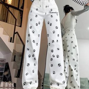 High-Waisted Retro Printed Women's Jeans, Casual Loose Fit Straight Wide-Leg Floor-Length Pants - Trendy High Street Style