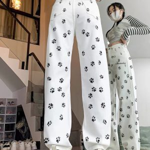 High-Waisted Retro Printed Women's Jeans, Casual Loose Fit Straight Wide-Leg Floor-Length Pants - Trendy High Street Style