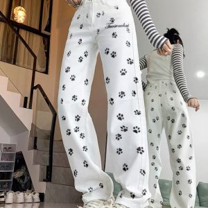 High-Waisted Retro Printed Women's Jeans, Casual Loose Fit Straight Wide-Leg Floor-Length Pants - Trendy High Street Style